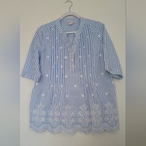 American Sweetheart Blue/White Stripped Floral Embroidered Blouse M Pre-owned